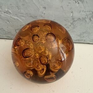 Amber Murano Art Glass Sphere Interior Bubbles Mid Century Paperweight